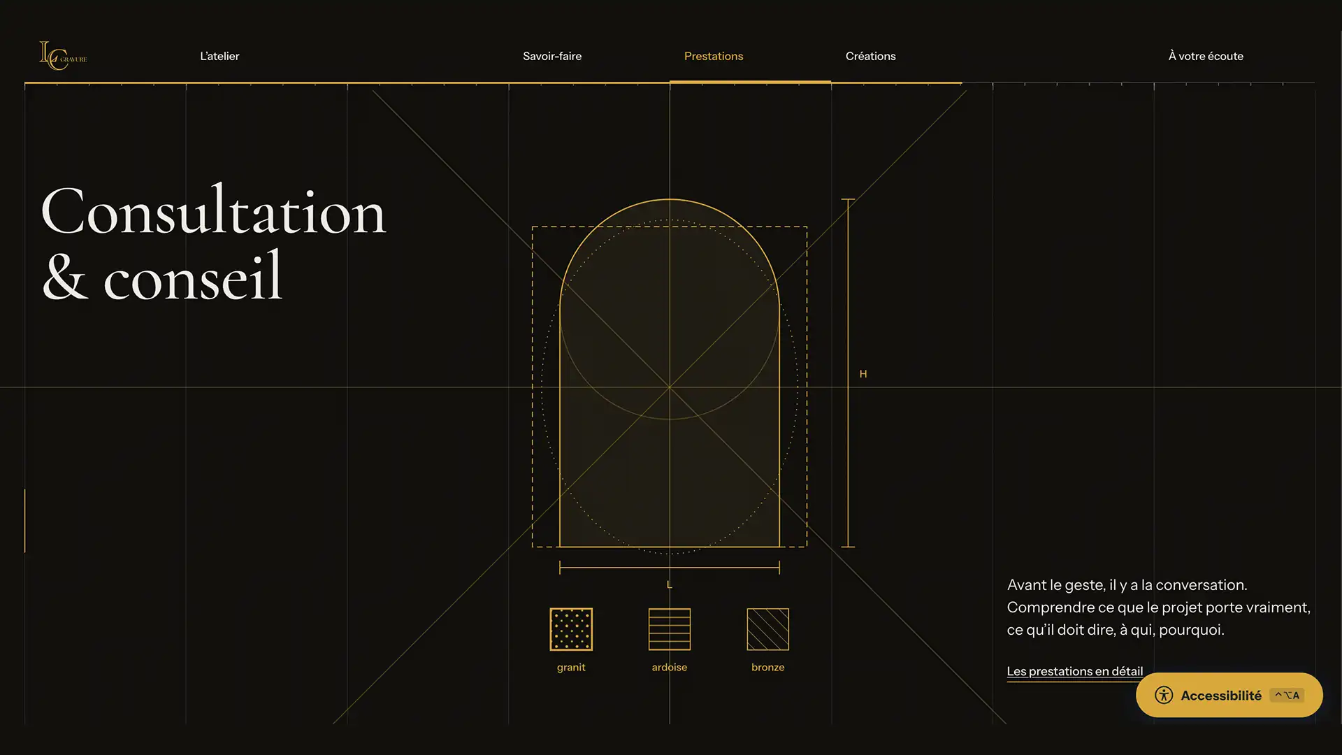 Section Consultation et conseil du site LC-Gravure, avec une illustration géométrique dorée, des repères techniques et une composition sur fond noir.©The French Maquis'Art